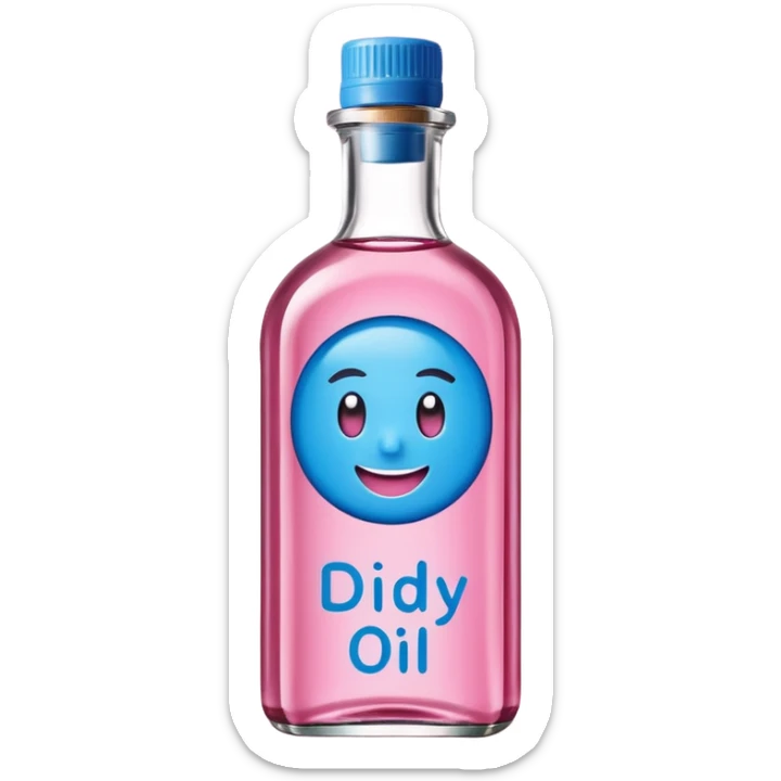 Smiling bottle of oil blue top pink outside with logo that says diddy oil sticker