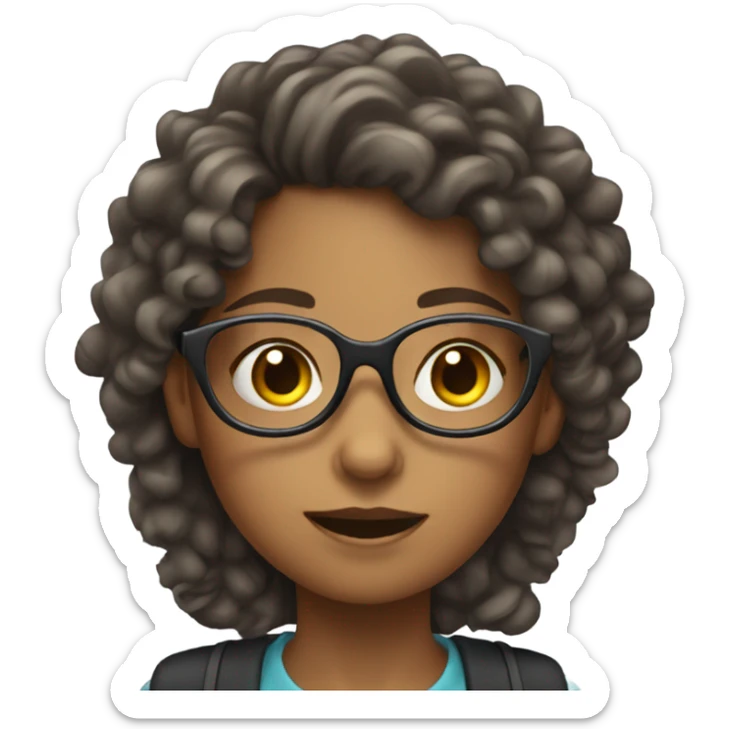 girl with long curly hair, wearing glasses, in a wheelchair sticker