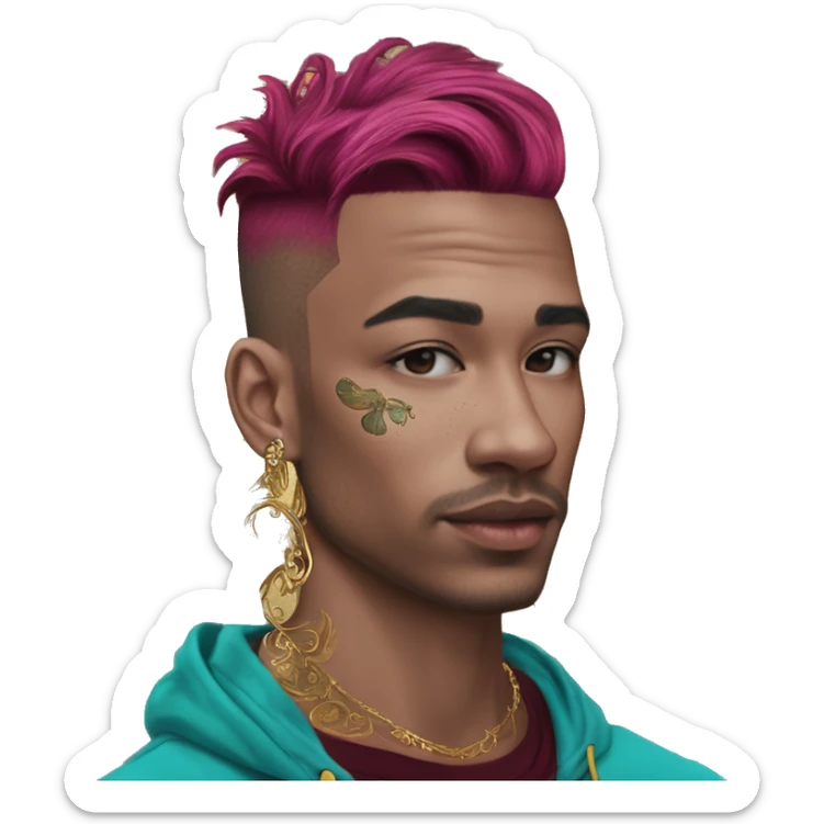 Vintage patina intricate swirls gold jewellery baroque raven wings angel tropical Deep pink maroon burgundy cyan dark hoodie man vitiligo dyed hair gold piercings nose piercing ear piercings sticker