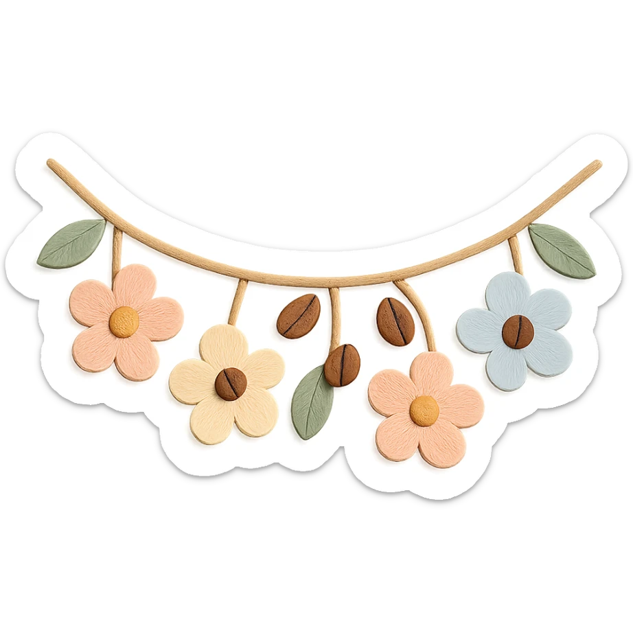 wall floral garland with coffee beans in a cozy café, soft pastel colors, paper craft style sticker