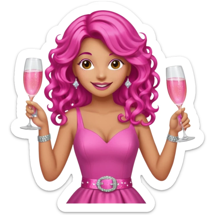 One lady with long hot pink curled hair and tan skin wearing a pink dress with sparkly belt holding a glass of pink champagne in each hand smiling cheerfully  sticker