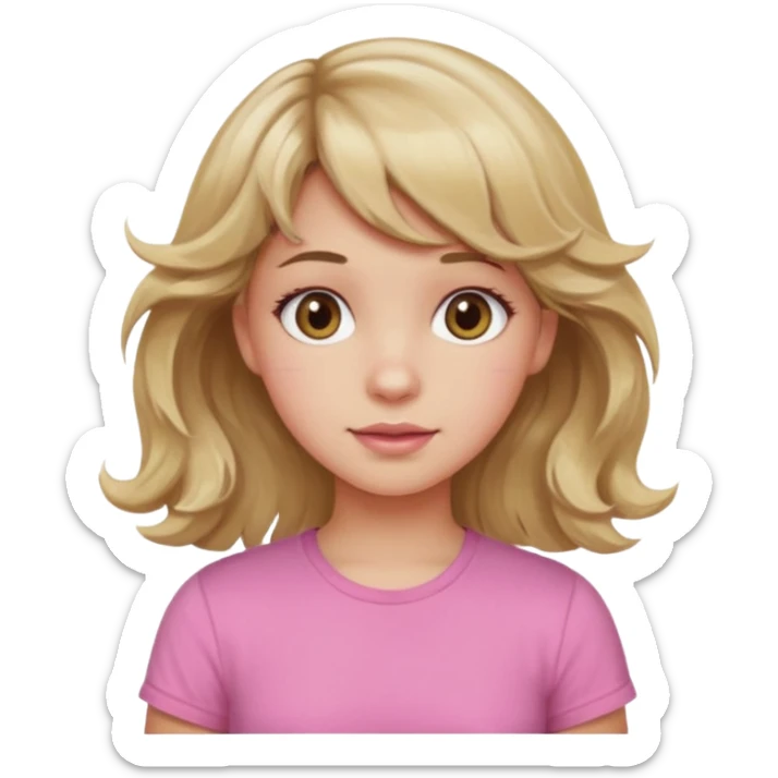 girl with wavy dirty blonde hair and wavy bangs, hazel eyes, white skin, pink cute shirt sticker
