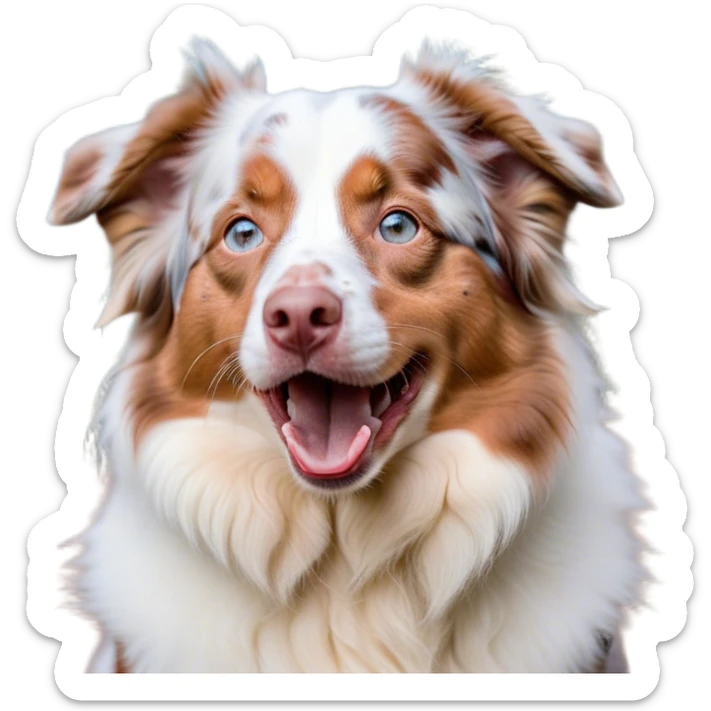 Cinematic Cute Yawning Predominantly White Red Merle Australian Shepherd Portrait Emoji, Head tilted slightly with a dramatic, wide-open yawn, predominantly white fur with hints of red merle, floppy ears slightly drooping, round blue eyes barely open in drowsy contentment, Simplified yet irresistibly adorable features, highly detailed, glowing with a soft, cozy glow, high shine, relaxed yet expressive, stylized with a touch of whimsy, bright and endearing, soft glowing outline, capturing the essence of a sleepy yet affectionate pup, so drowsy it feels like it could stretch right out of the screen and curl up for a nap! sticker