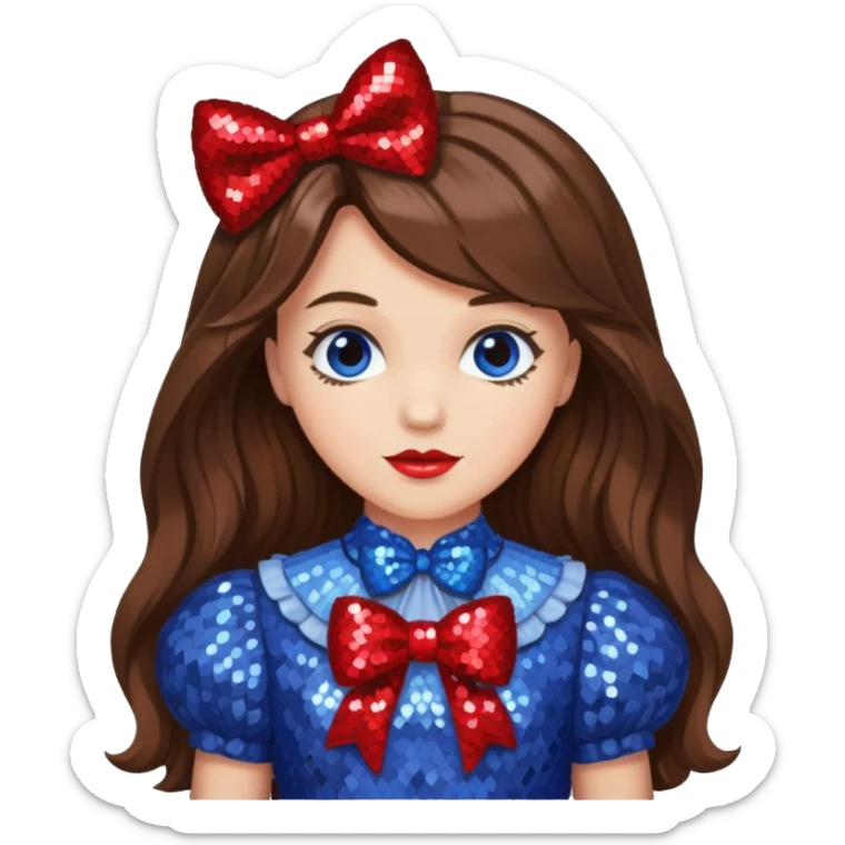 Dorothy Gale from the Wizard of Oz with long brown hair, periwinkle sequin outfit, red sequin bow sticker