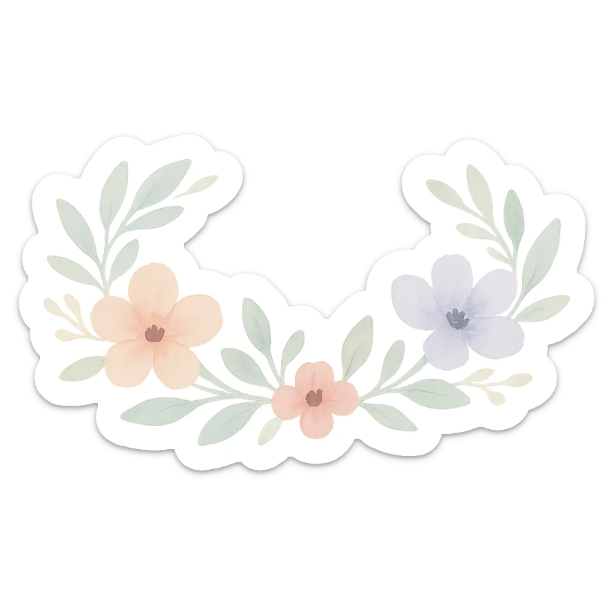 watercolor art illustration of a delicate fairy crown made of flowers and leaves, calm pastel colors, white background, designed for sticker printing sticker