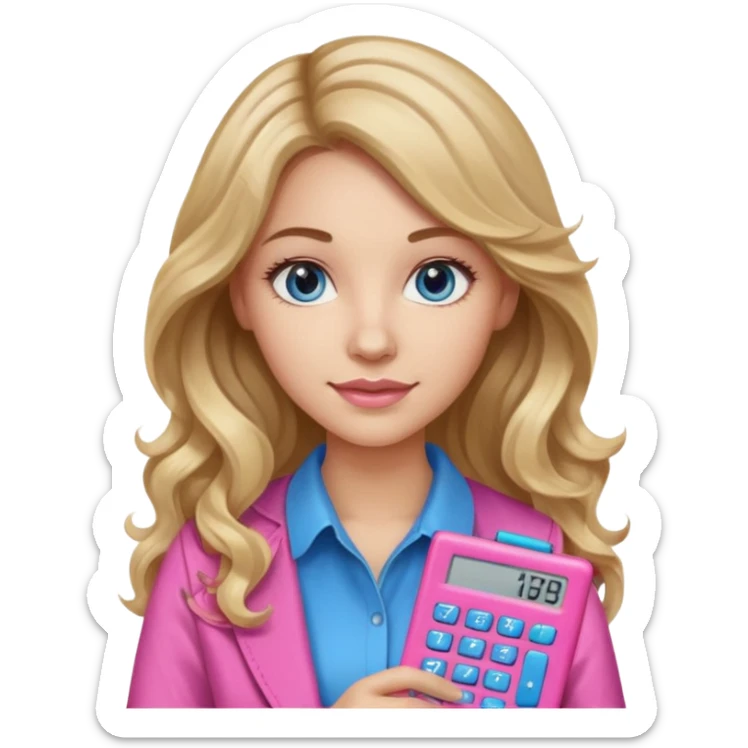 pretty female with long wavy brown hair with blonde highlights and blue eyes holding a pink calculator sticker