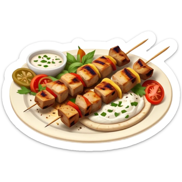cinematic-realistic-souvlaki-dish-emoji,-showcasing-skewered,-grilled-chicken-with-mediterranean-spices-rendered-with-dynamic-textures-and-warm,-appetizing-lighting on pita bread on a plate sticker