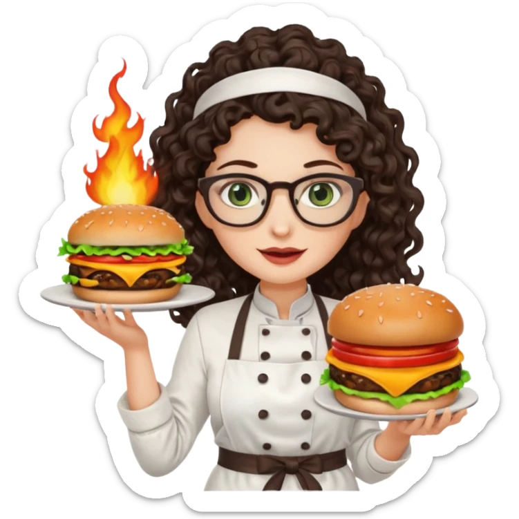 A female chef with glasses, dark brown long curly hair, White skin,Green eyes and setimg a burger on fire sticker