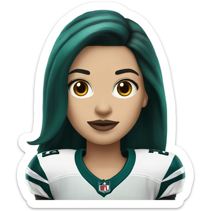 White female long dark hair red lips wearing Philadelphia Eagles jersey sticker