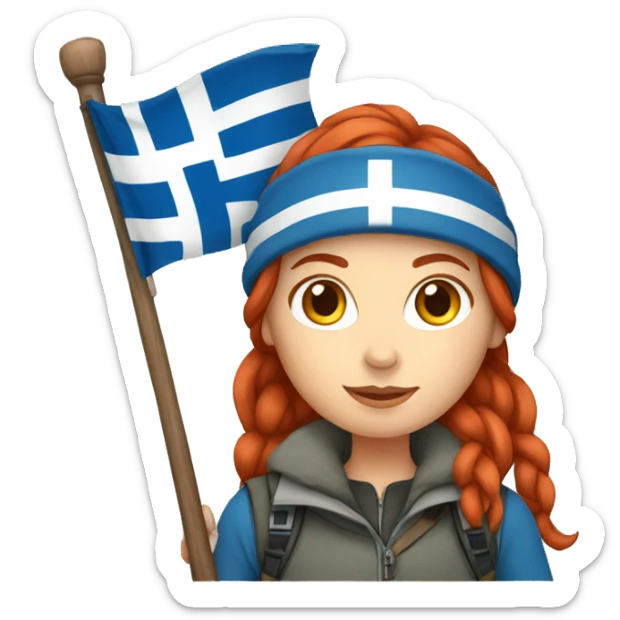 female winter mountaineer red hair holding greek flag sticker