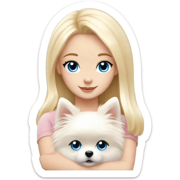 Blond girl white skin blue eyes hugging white Pomeranian with light pink bow sticker