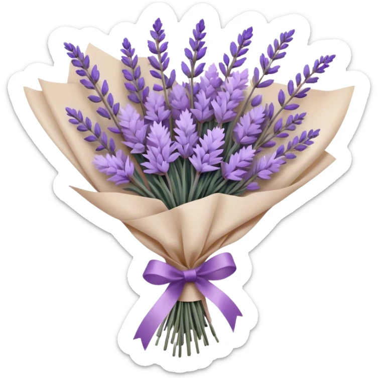 A delicate hand-tied lavender bouquet, featuring wisps of pale lilac and deep amethyst sprigs, is wrapped in parchment paper secured with a dusty plum ribbon. The gentle contrast of fresh and dried stems creates a soft, ethereal look, while the faint scent of lavender lingers like a nostalgic embrace from a bygone era.
 sticker