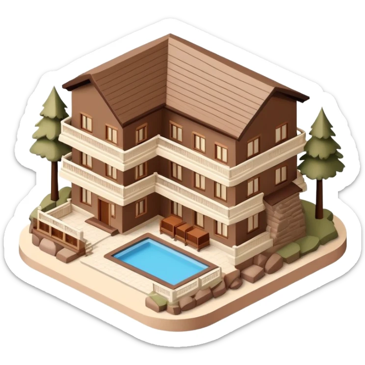 Isometric exterior brown and beige national parks hotel lodge, dollhouse style 3D realistic  sticker