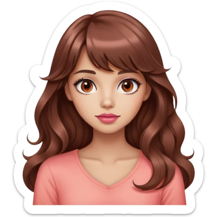 cute woman, light tan skin, big dark brown eyes, very long wavy auburn hair, bangs, pink top, coral lipstick sticker