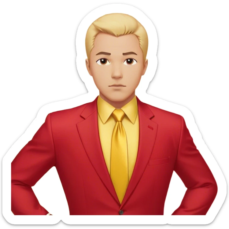 A bust of a confident businessman in a red suit with yellow accents, a yellow dress shirt, and a red tie. His facial expression is determined, with short well-groomed hair and strong, defined facial features. Behind him, a bold upward-trending financial chart (📈) with a thick red arrow moving diagonally upward symbolizes success and career growth. The graph has simple but visible yellow and red bars, reinforcing the theme of achievement. The background is plain white to keep the focus on the man and the business elements. The overall design is clean, professional, and business-oriented. sticker