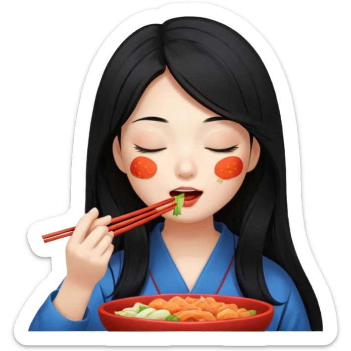 Girl with black long hair eat kimchi close eyes chopstick sticker