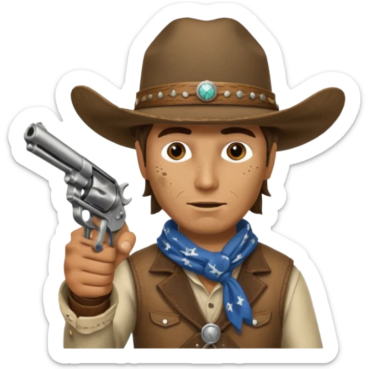 A cowboy pointing his revolver in your face  and saying, "Give me your money." sticker