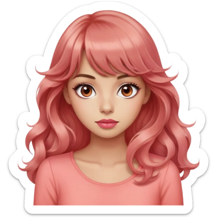 cute woman, popular girl, rolling eyes, light tan skin, black eyes, very long wavy auburn hair, bangs, pink top, coral lipstick sticker