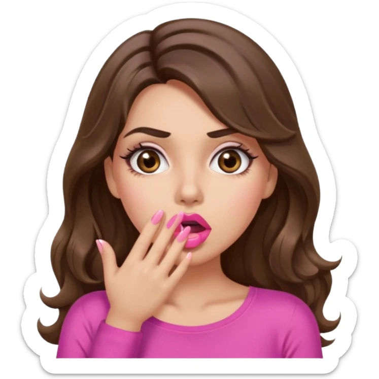 girl with long wavy brown hair, brown eyes, long lashes makeup, sexy pink lips, light to medium complexion, pink sexy top, shocked, hand covering mouth sticker