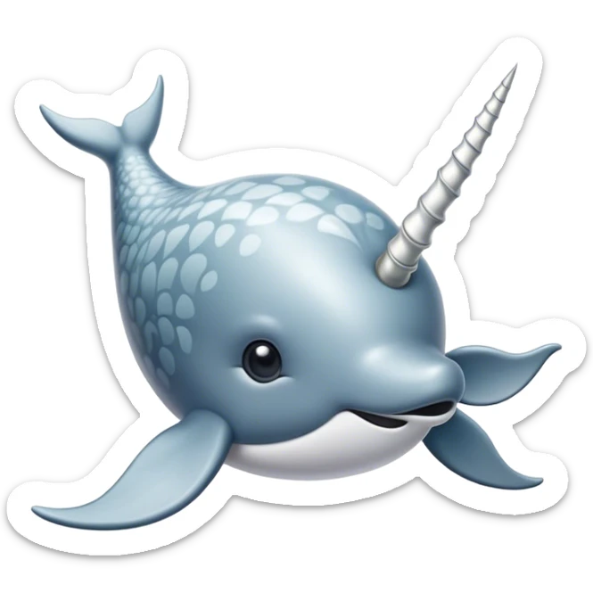 Cinematic Noble Narwhal Portrait Emoji, Poised and majestic, with a robust, streamlined body draped in mottled, silvery-gray skin, featuring a long, spiraled, ivory tusk and deep, thoughtful eyes that exude ancient oceanic wisdom, Simplified yet sharp and sophisticated features, highly detailed, glowing with a soft, ethereal arctic glow, high shine, intelligent and enigmatic, stylized with an air of mythical marine grandeur, focused and graceful, soft glowing outline, capturing the essence of a watchful and confident sea unicorn that appears ready to glide out of the screen with timeless authority! sticker