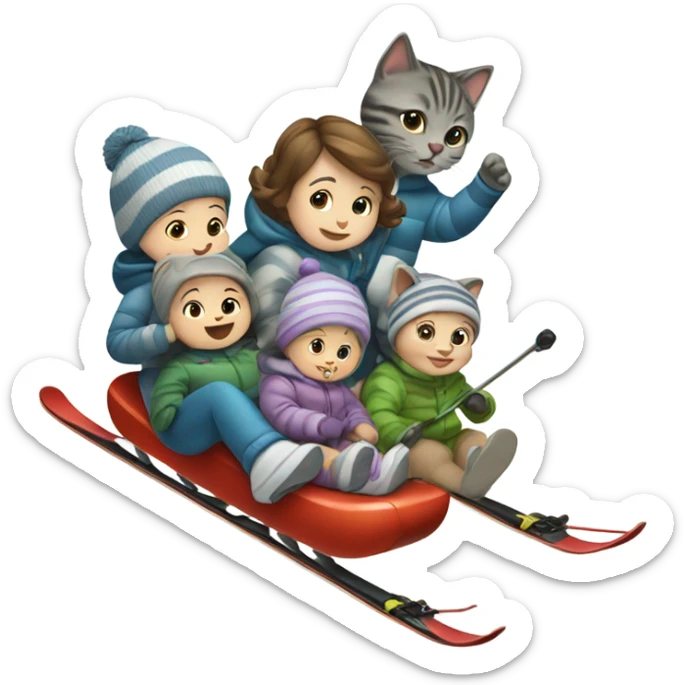 Baby skiing with its family of five, and their grey striped cat sticker