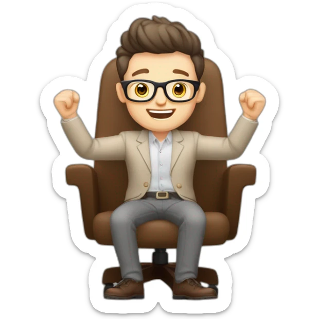 Joyful Celebrating victory Hands up Pale skinned Fit Man With dark brown hair in gray jacket, beige office shirt, Brown pants and vintage glasses sitting In a soft chair sticker