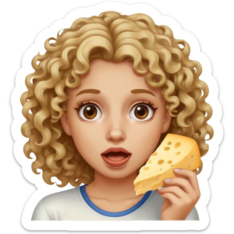 Girl with dirty blonde highlights on the end hair curly rolling her eyes all the way back with her mouth open and white Philadelphia cheese on her cheeks sticker