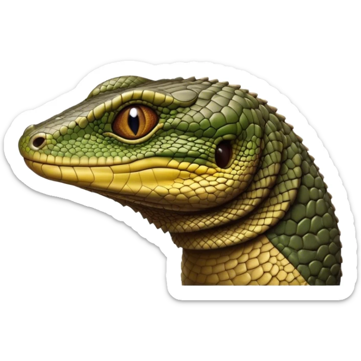 Cinematic Realistic Noble Monitor Lizard Portrait Emoji, Poised and imposing, with a robust, muscular build and a rugged, intricately scaled hide in natural olive and dark brown tones, a sharply defined head with intense, observant eyes, rendered with lifelike detail and authentic texture, high shine, intelligent and formidable, styled with an air of desert authority, focused and attentive, soft glowing outline, capturing the essence of a watchful and confident monitor lizard that appears ready to stride out of the screen with effortless power! sticker