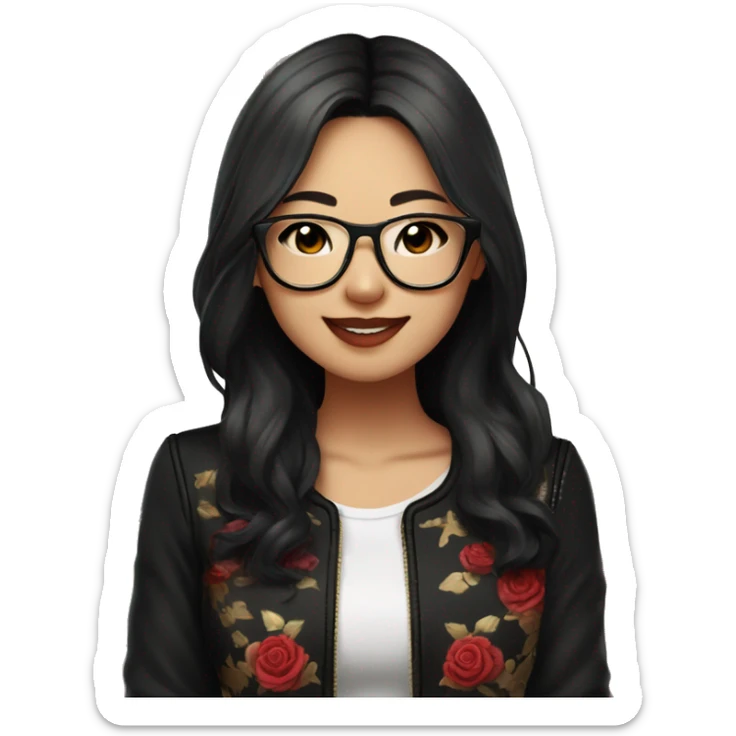 Asian girl, smiling with teeth, fair skin, black long hair, black eyes, black glasses with gold frames, red lipstick, wearing a white lace tank top and a black office jacket on top, with pink and red roses around her, chibi. sticker