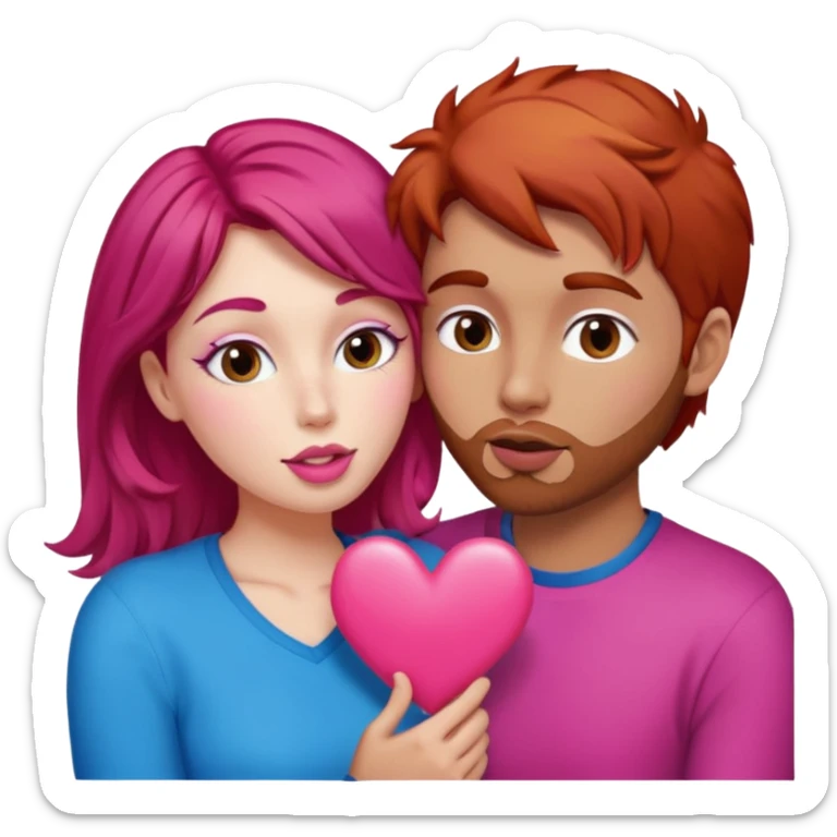 mujer pelirroja y hombre con pelo café haciendo cara de beso pero con un corazón entremedio sticker