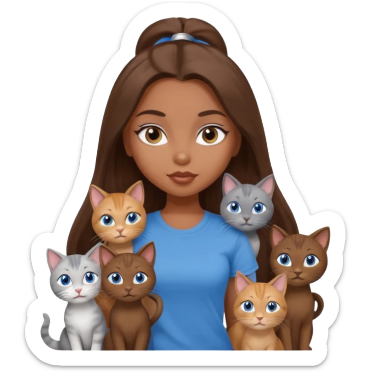 a pretty bratz dusky girl with long brown hair, blue eyes with six cats nd wearing a grey tshirt sticker