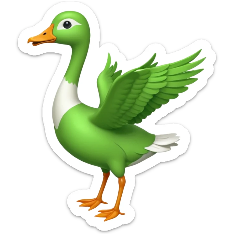 Emoji of a running goose with a very long neck and two legs. Use the shape of 🪿 but color the entire goose bright green (#39C700). Make sure the neck, body, wings, and legs are fully green, like a white goose dyed completely green, with no white parts. sticker