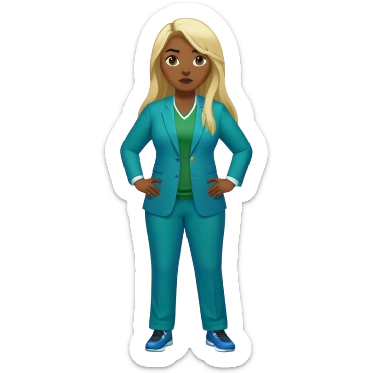 Full Body white plus size female basketball head coach with long blonde hair in a blue and green suit sticker