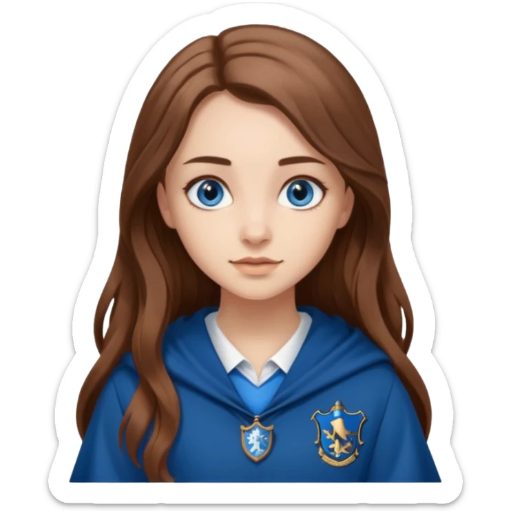 gorgeous Girl with light skin, blue eyes, long brown hair, wears a ravenclaw outfit sticker