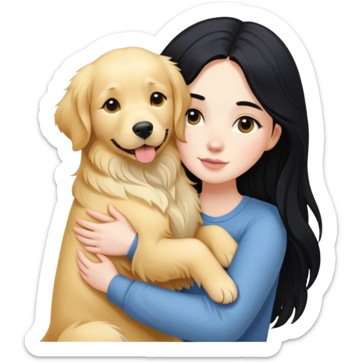 A white girl with long black  hair tightly hugged a Golden Retriever sticker