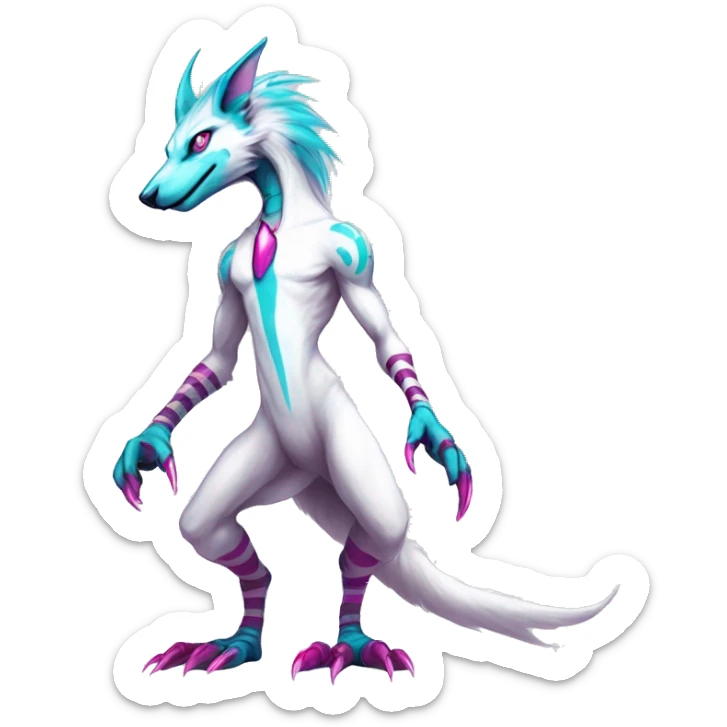 White elegant beautiful natural cute badass epic anthro modern albino sergal-vernid-Fakémon with cyan mane and magenta eyes with cyan edgy stripes, anthropomorphic, two-legged, digitigrade, full body sticker