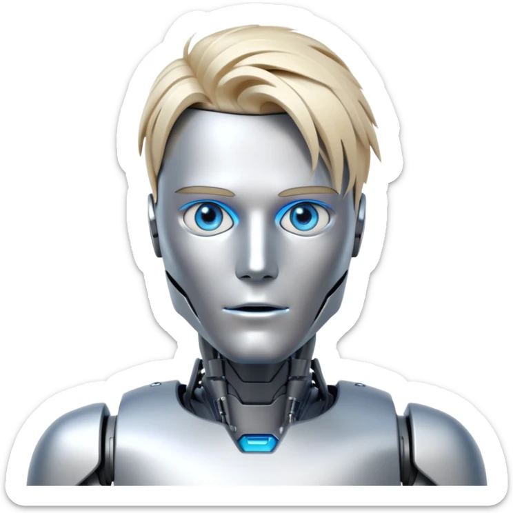 Male humanoid robot with messy straight blond hair, metallic face, digital eyes, sharp jawline, futuristic sticker