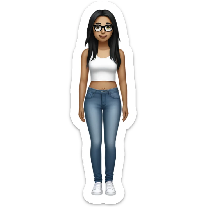 White girl with straight black hair and glasses wearing a white crop top and jeans glasses full body sticker