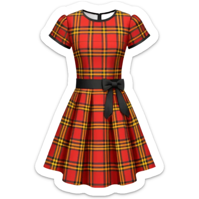 No human figures, Women's MacQueen' Tartan Mini Dress in Red/Black/Yellow, crew neck, cap sleeves and a handkerchief hem. Isolated rendering sticker