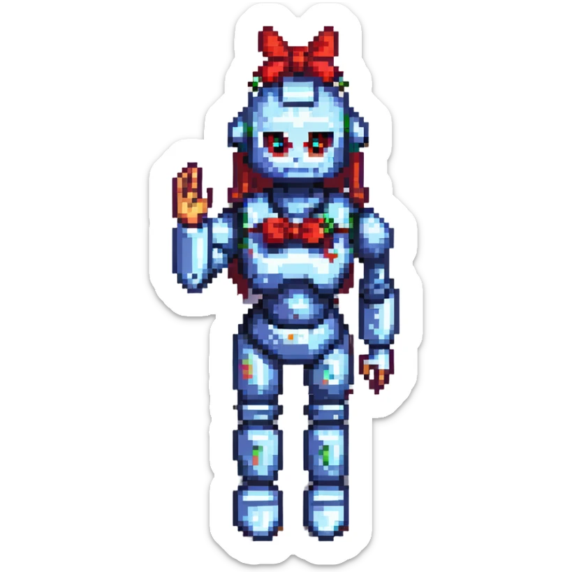 shoulders-up portrait of a cute female recruiter robot, 8-bit pixel art style, metallic, talking, one hand in the air, with a bow accessory sticker