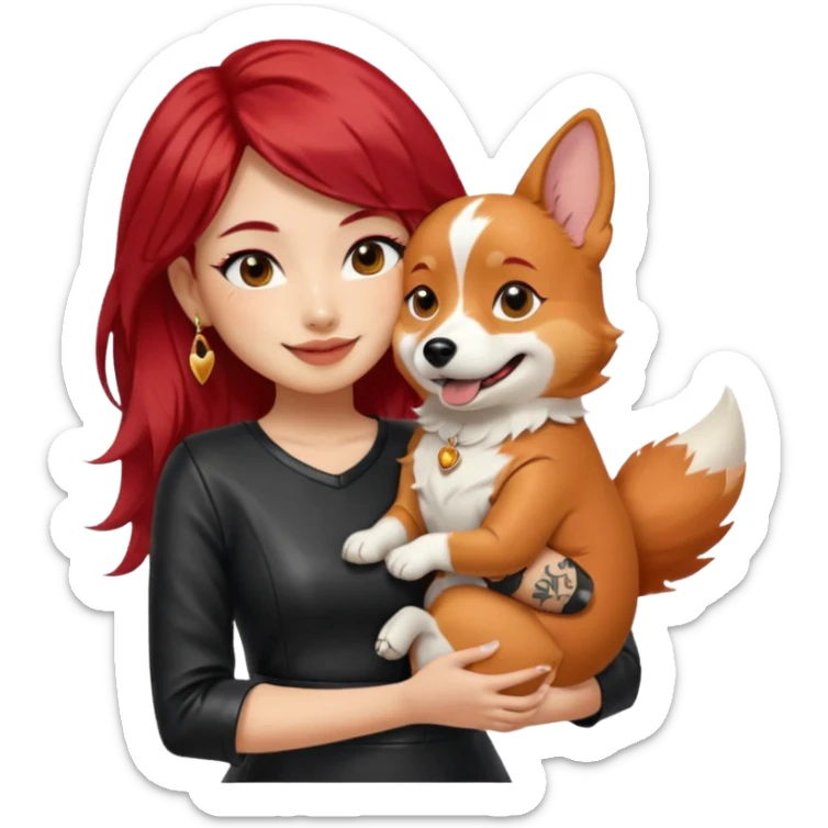 apple-style emoji of an Asian girl with long hair and wispy deep side bangs, wearing a black leather dress, gold earrings, false lashes, and a 3/4 sleeve tattoo on her left arm, hugging a happy red head tri-color corgi, simplified, clear, emoji-like sticker