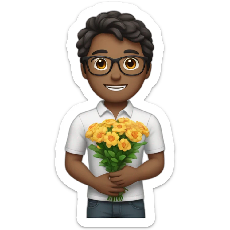 white skin guy with dark hair and glasses gives a bouquet of flowers sticker
