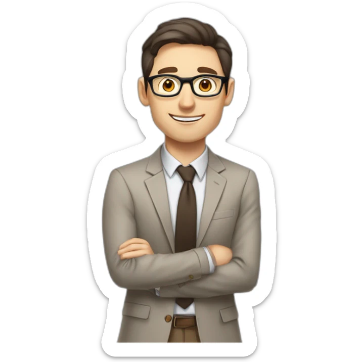 Pale skinned fit man with dark brown hair in gray jacket, beige office shirt, brown tie, brown pants and vintage glasses Writing on the flipchart sticker