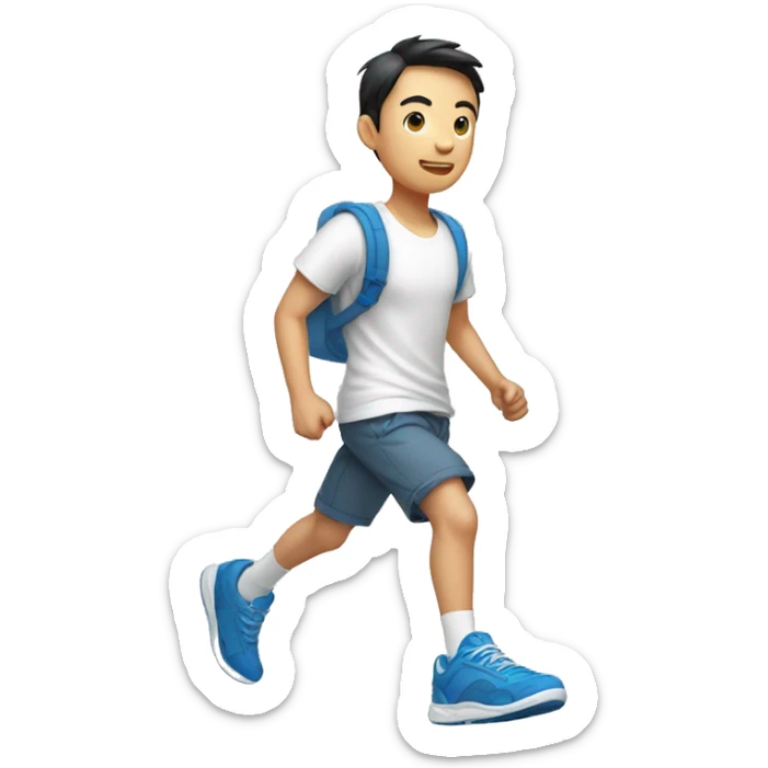 teen men asian with short pants, white shirt sarcasm imprint, colorful teel blue running shoe sticker