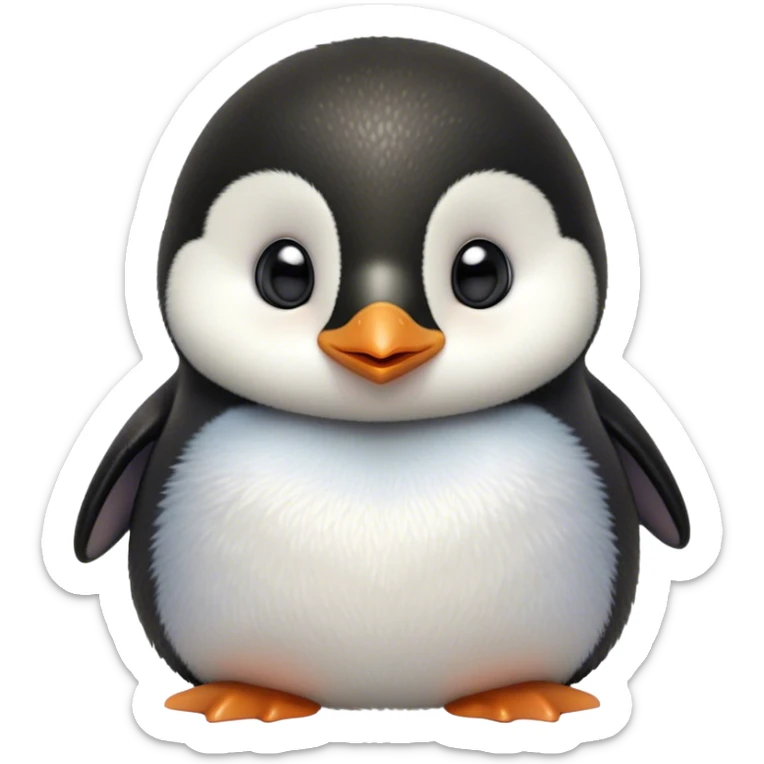 Cinematic Cute Baby Penguin Portrait Emoji, Head tilted playfully and inquisitively, with irresistibly fluffy plumage accented by a tiny beak and round, sparkling eyes filled with wonder, Simplified yet irresistibly adorable features, highly detailed, glowing with a warm, friendly polar glow, high shine, affectionate and lively, stylized with a touch of whimsical charm, bright and endearing, soft glowing outline, capturing the essence of a mischievous yet loving penguin that feels like it could slide out of the screen into your arms! sticker