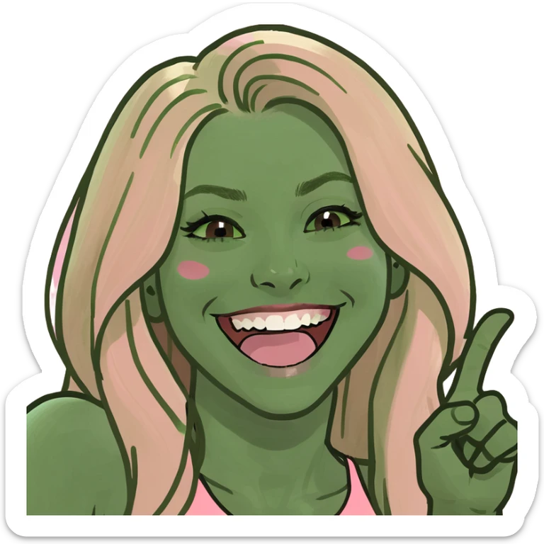 blonde girl with long hair brown eyes wearing pink laughing and pointing sticker