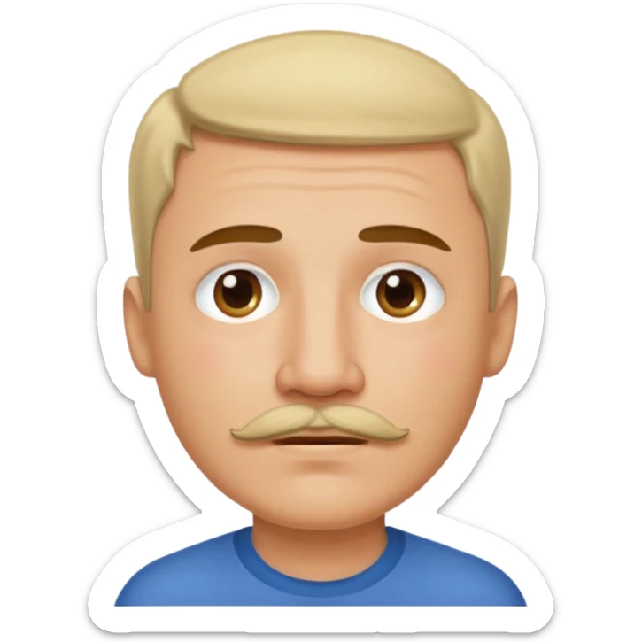 man with mustache and short hair, slightly teary eyes, representing emotional songs, simple and clear, no background, Apple emoji style sticker
