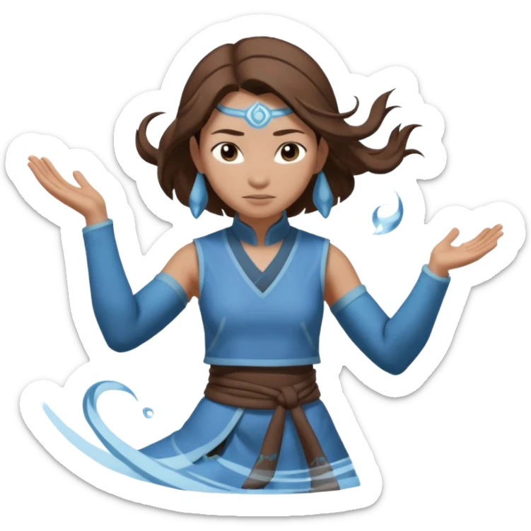 Katara from Avatar: The Last Airbender as an emoji, blue Water Tribe outfit, brown hair, waterbending pose, expressive face sticker