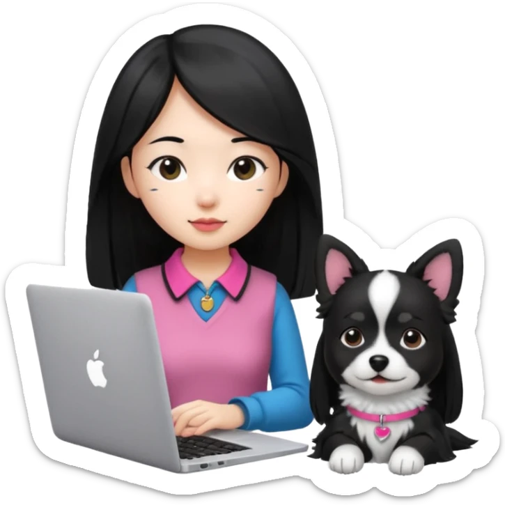 Asian girl with long black hair working on an Apple laptop, next to her is a small black and white dog with pink collar on  sticker