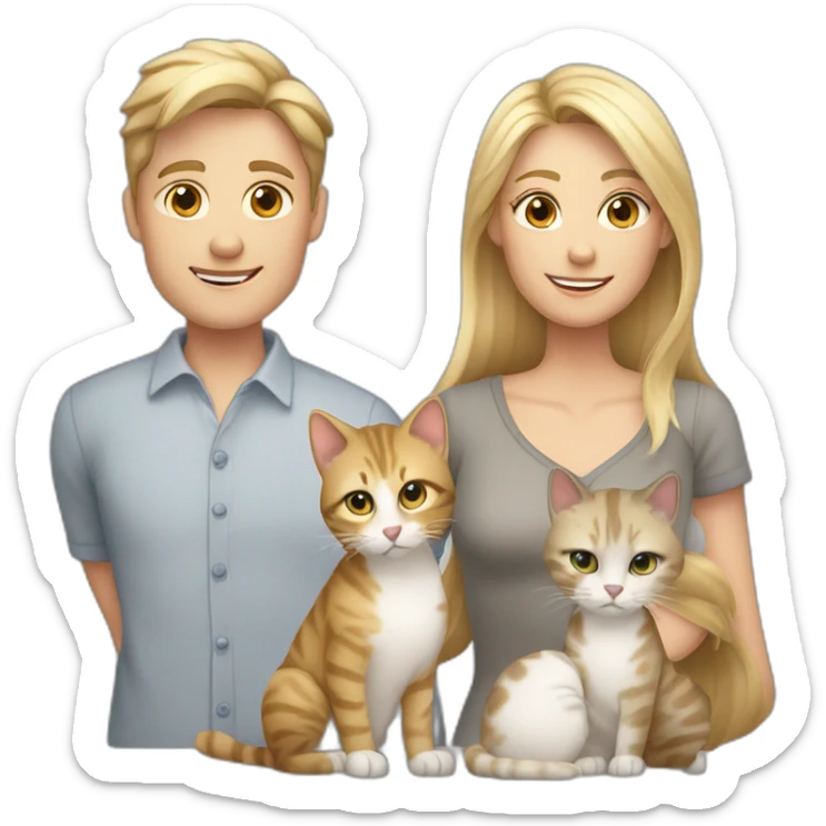 family with blond mother with straight blond hair, son with blond hair, brindle cat and white cat with gray spots sticker